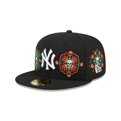 New York Yankees MLB Skull and Flowers 59FIFTY Cerrada