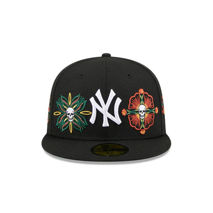 New York Yankees MLB Skull and Flowers 59FIFTY Cerrada